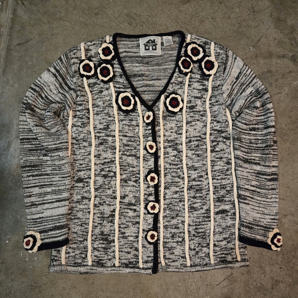 vtg  Storybook Knits Sweater Cardigan XS Black White Floral Beaded Striped